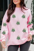 Pink Sequined Xmas Tree Patched Patterned Holiday Pullover Sweatshirt Pink 50%Polyester+50%Cotton f817f3baaa0c7bdd