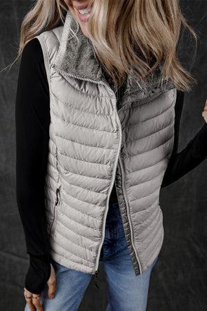 Silvery Plush Collared Quilted Zipped Puffer Vest Silvery 100%Polyester f818035b206df629