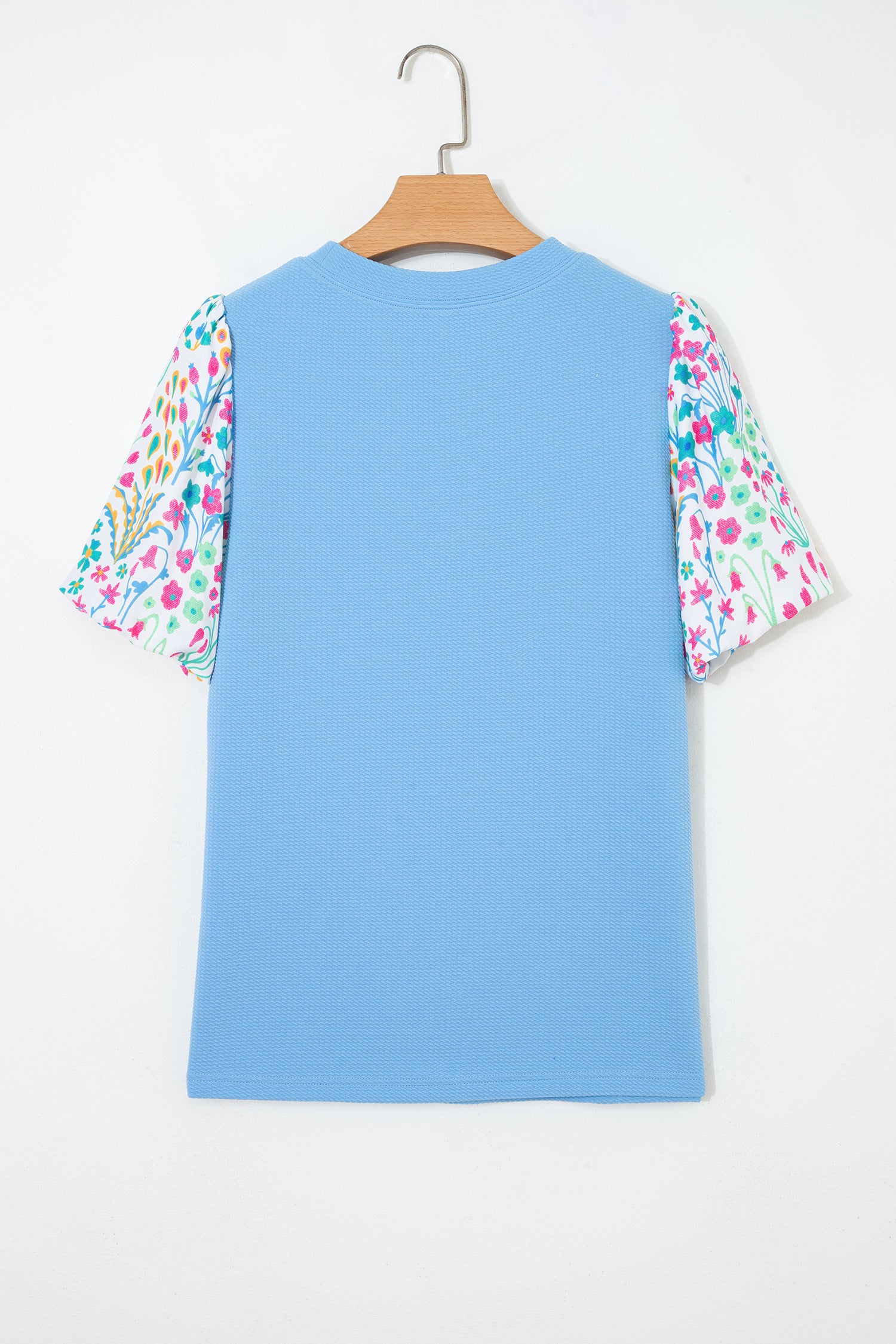 Light Blue Round Neck Textured Contrast Floral Bubble Sleeve Blouse f818270455dcee9b