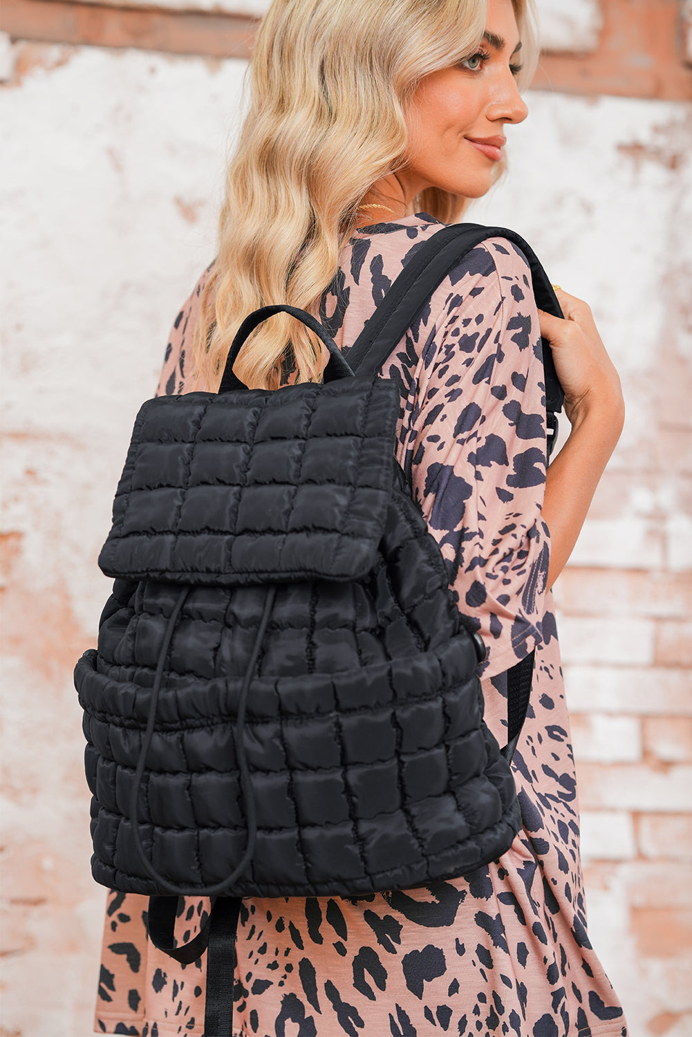 Black Solid Flapped Quilted Puffer Backpack f818ec61887b3e8e