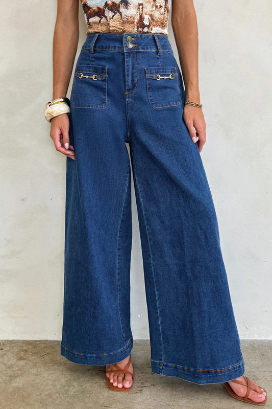 Sail Blue Hardware Decor Patched Pockets Wide Leg Denim Pants Sail Blue 71%Cotton+27.5%Polyester+1.5%Elastane f81ef05a79c5ad11