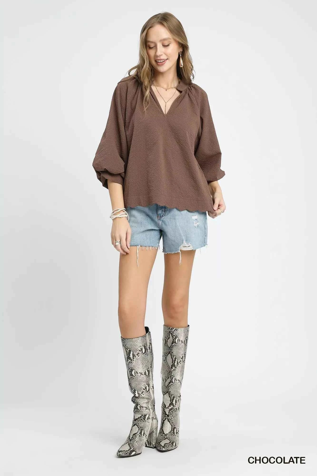 Umgee Full Size Textured Notched Balloon Sleeve Blouse Plus Size f81f60ad-65e5-4e67-87f3-0d43228f3148-Max-Origin