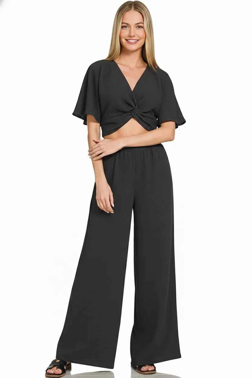 Zenana Woven Airflow Twisted Top & Wide Leg Pants Set f82cb3be-8d9b-4f77-ba9d-2d534833ab38-Max-Origin