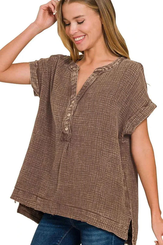 Zenana Washed Double Gauze 3/4 Button Henley Neck Shirt f8346f09-531e-4fb7-92ff-63f5d5e8235a-Max-Origin
