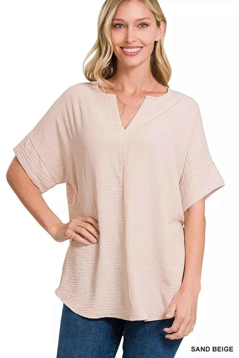 Zenana Woven Airflow Split Neck Short Sleeve Top SAND BEIGE f8365d625f57482aabf39bc180bea57d-Max-Origin