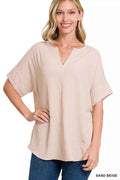 Zenana Woven Airflow Split Neck Short Sleeve Top SAND BEIGE f8365d625f57482aabf39bc180bea57d-Max-Origin