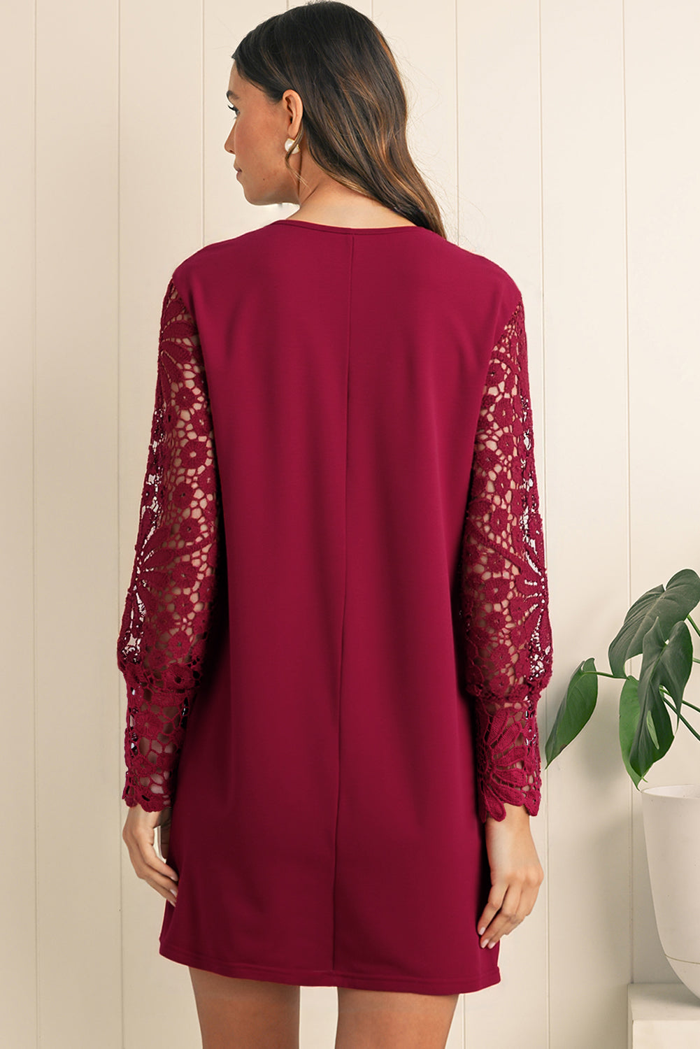 Burgundy Pleated Lace Sleeve Shift Mini Dress f83c7ba627def39c