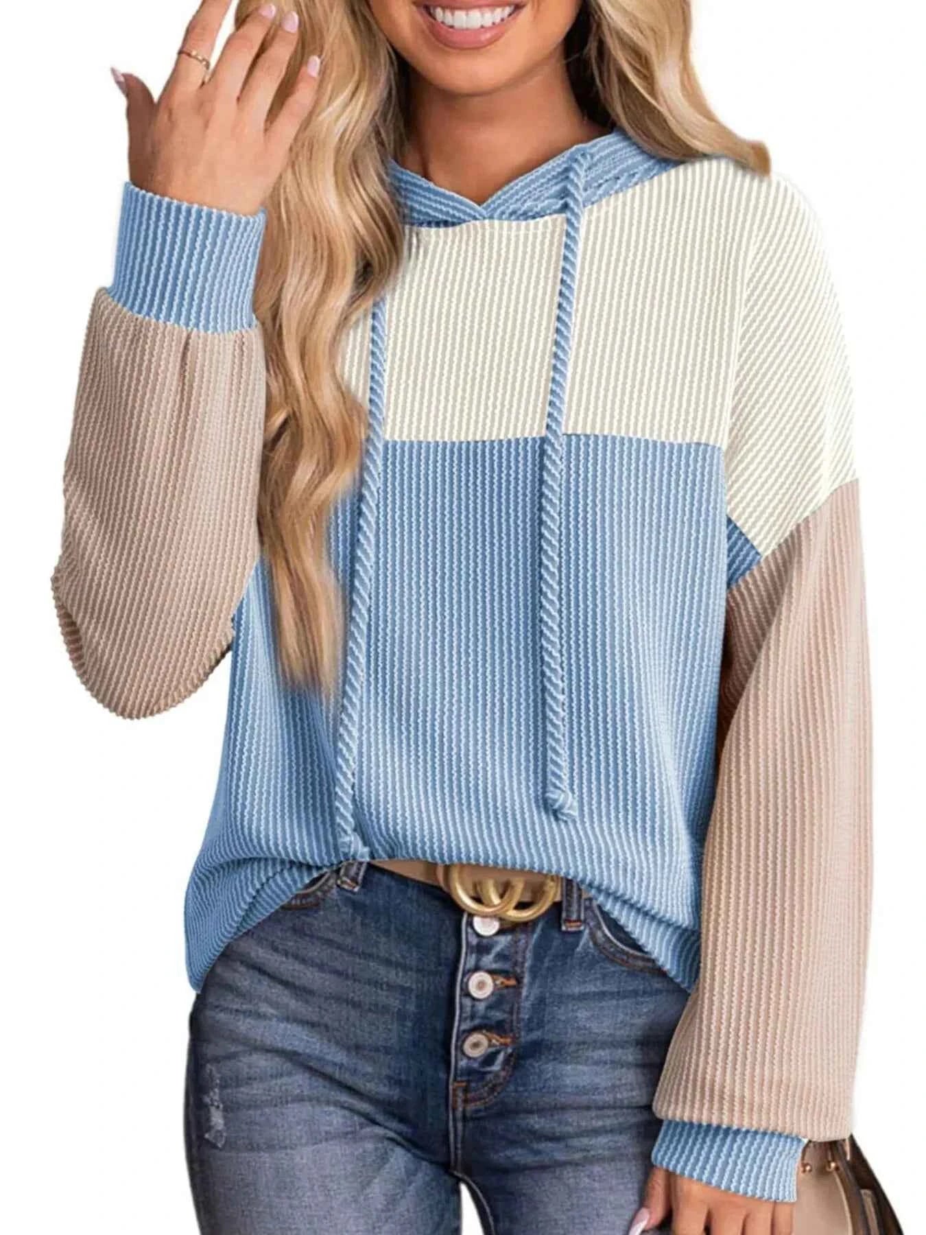 Drawstring Color Block Long Sleeve Hoodie Sky Blue f840e622d4fa46f3aa881b98bbb558e0-Max-Origin