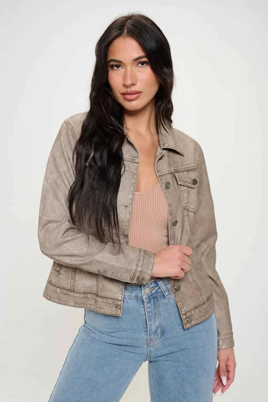 Coalition LA Button Down Cargo Vegan Leather Shacket Khaki f84630d9-d88b-40cc-9d12-08f47d621b30-Max