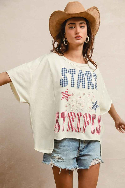 BiBi Mix And Match Stars And Stripes Patchwork Short Sleeve T-Shirt f8475f1615e342609ca2366b2fe3da40-Max