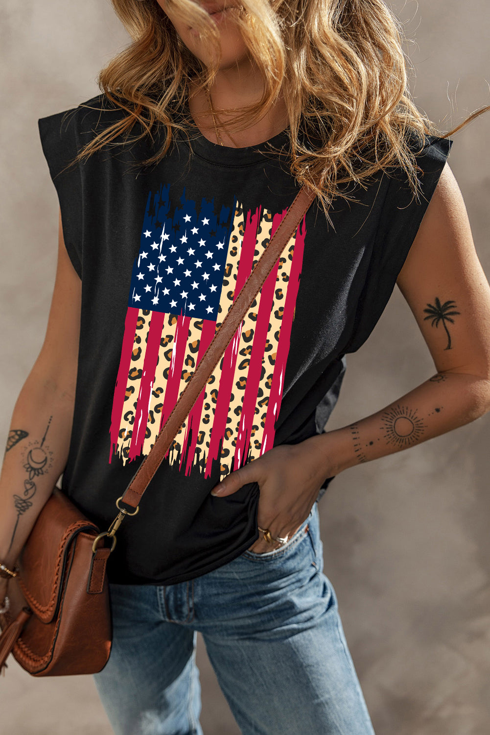 Black Leopard USA Flag Printed Sleeveless Cotton Top f8681182830cc7c6