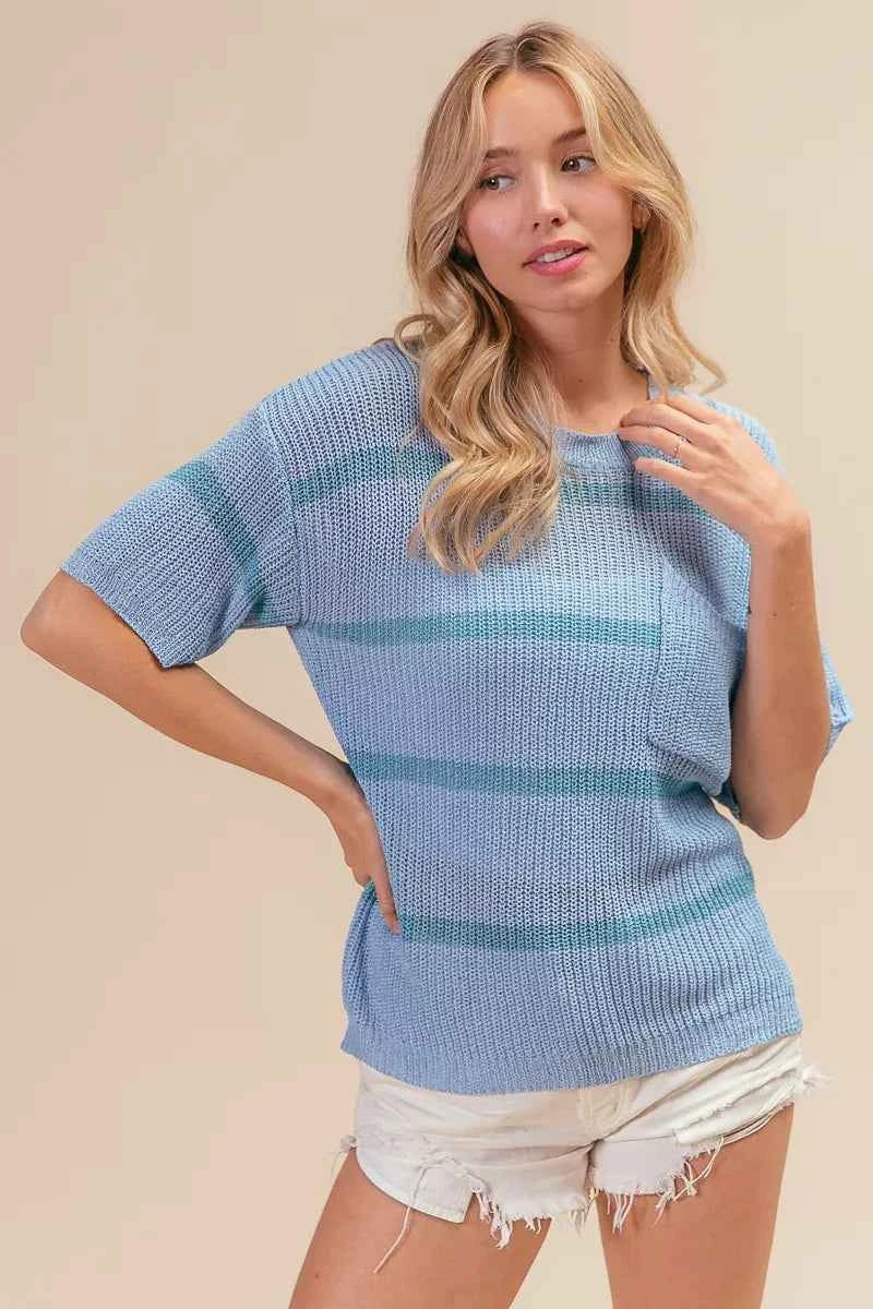 BiBi Patch Pocket Striped Lightweight Sweater Top f86b0188-c52a-44d5-93db-482e73b775eb-Max-Origin