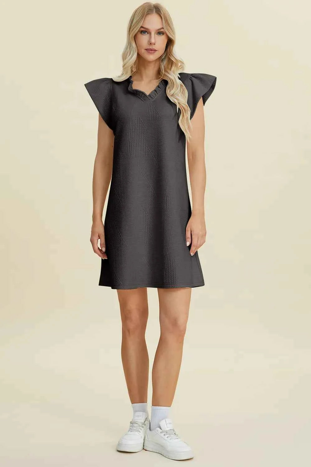 Double Take Full Size Ruffled V-Neck Cap Sleeve Dress f86c4567-358a-4074-ab85-2dd9ee13c91b-Max