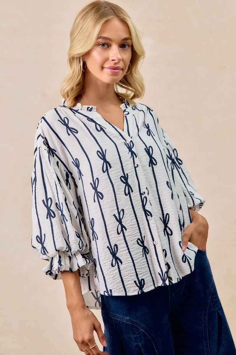 Bow Ribbon Printed Woven Bubble Sleeves Top OFF WHITE f873b922a6b04ba29b4ad5d3714e9f88-Max-Origin