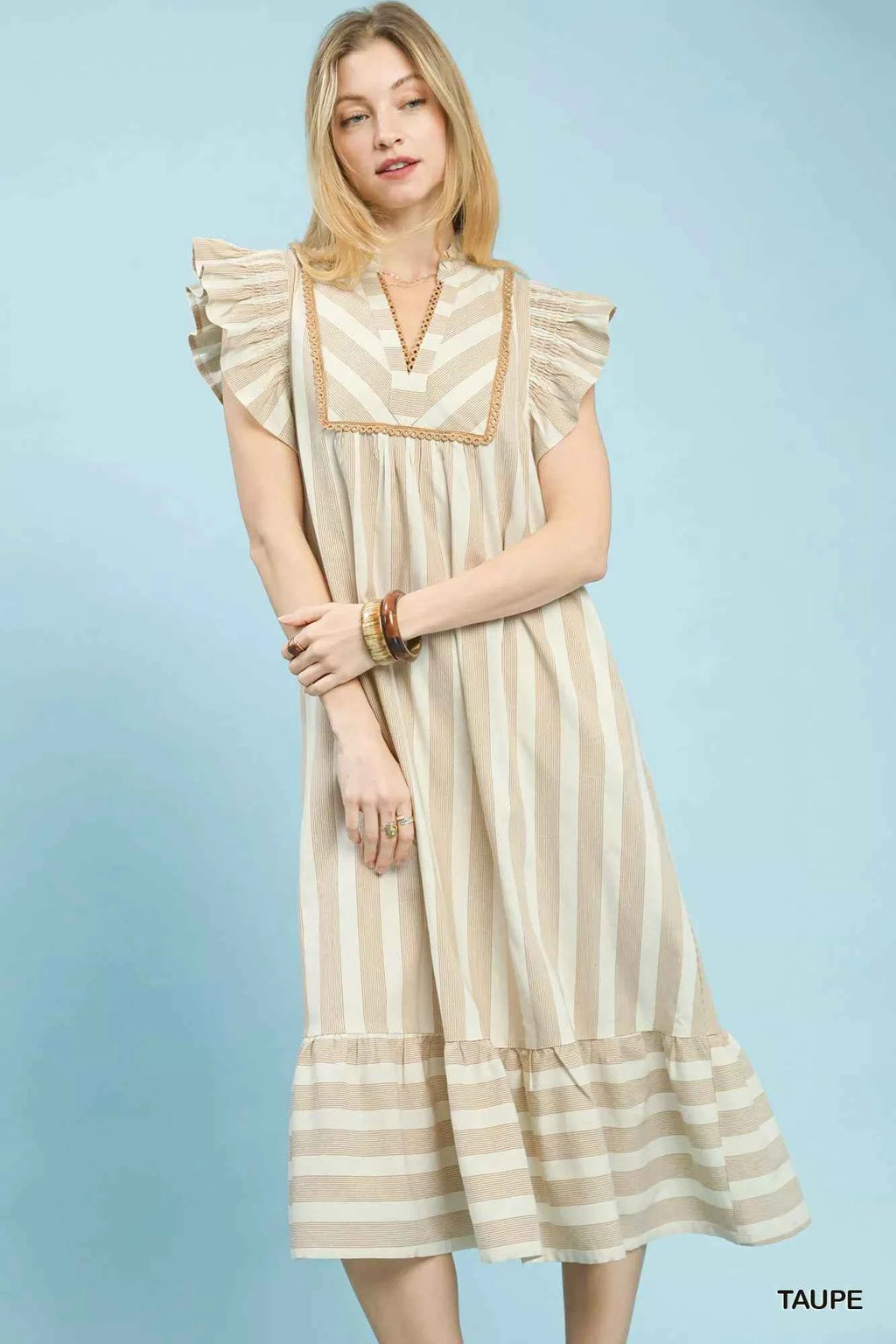 Umgee Stripe Ruffle Sleeve Tiered Midi Dress TAUPE f877395b-099f-4bbc-ae11-5bf4a16f2098-Max-Origin