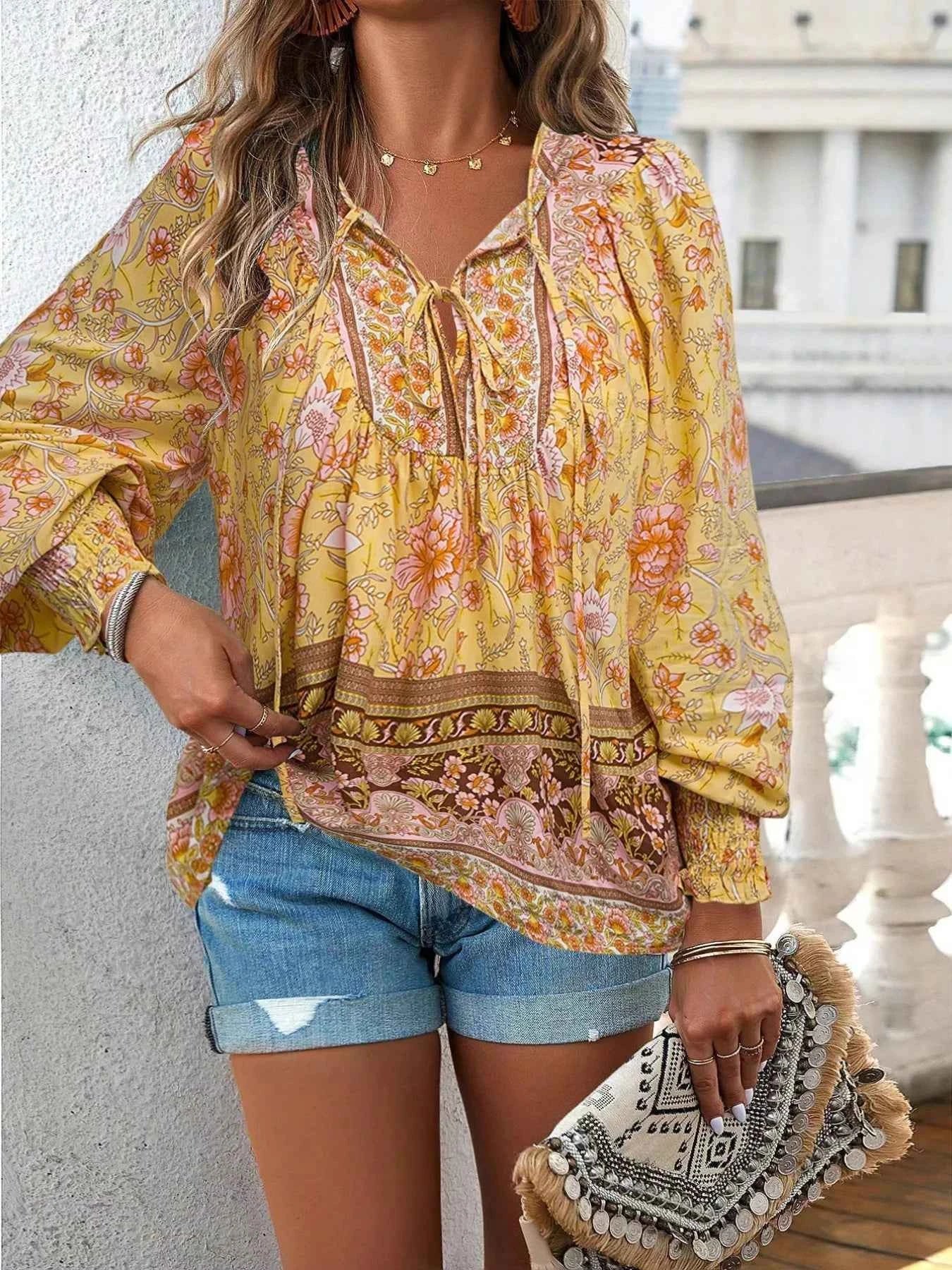 Floral Print Tie Neck Bohemian Blouse f8790d76-4ca2-4bbc-9f24-a7b8c4634fbf-Max-Origin