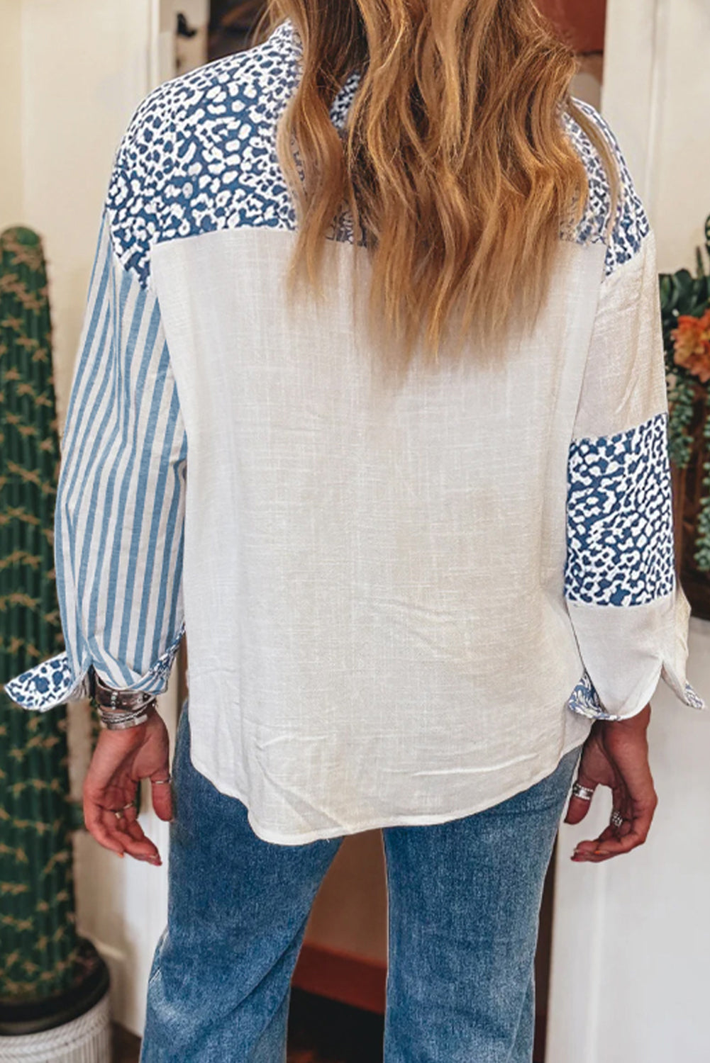Sky Blue Leopard Striped Patchwork Button-up Shirt f87ee7e730e43504