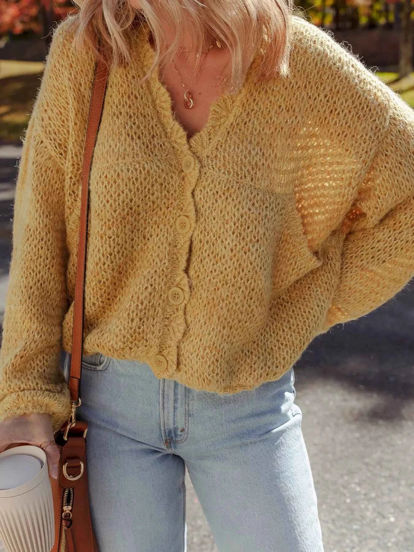 Lantern Sleeve Scallop V Neck Buttoned Front Cardigan f8867b80e3824fcda77384bcd84403b3-Max-Origin