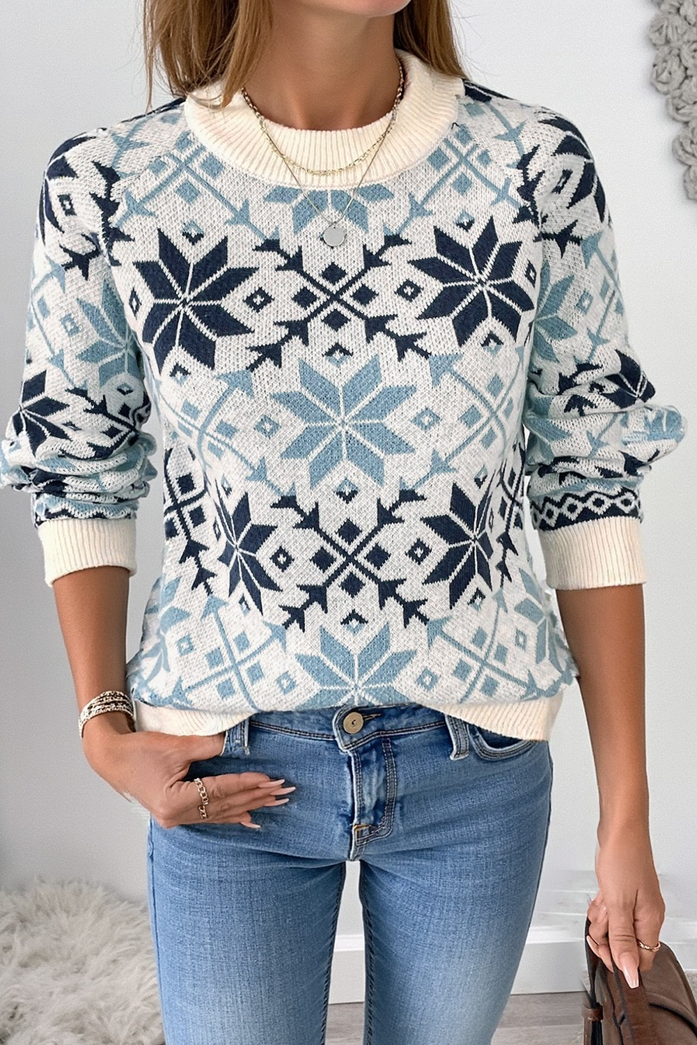 Sky Blue Snowflake Geometric Pattern Fashion Sweater f8888496de89018c