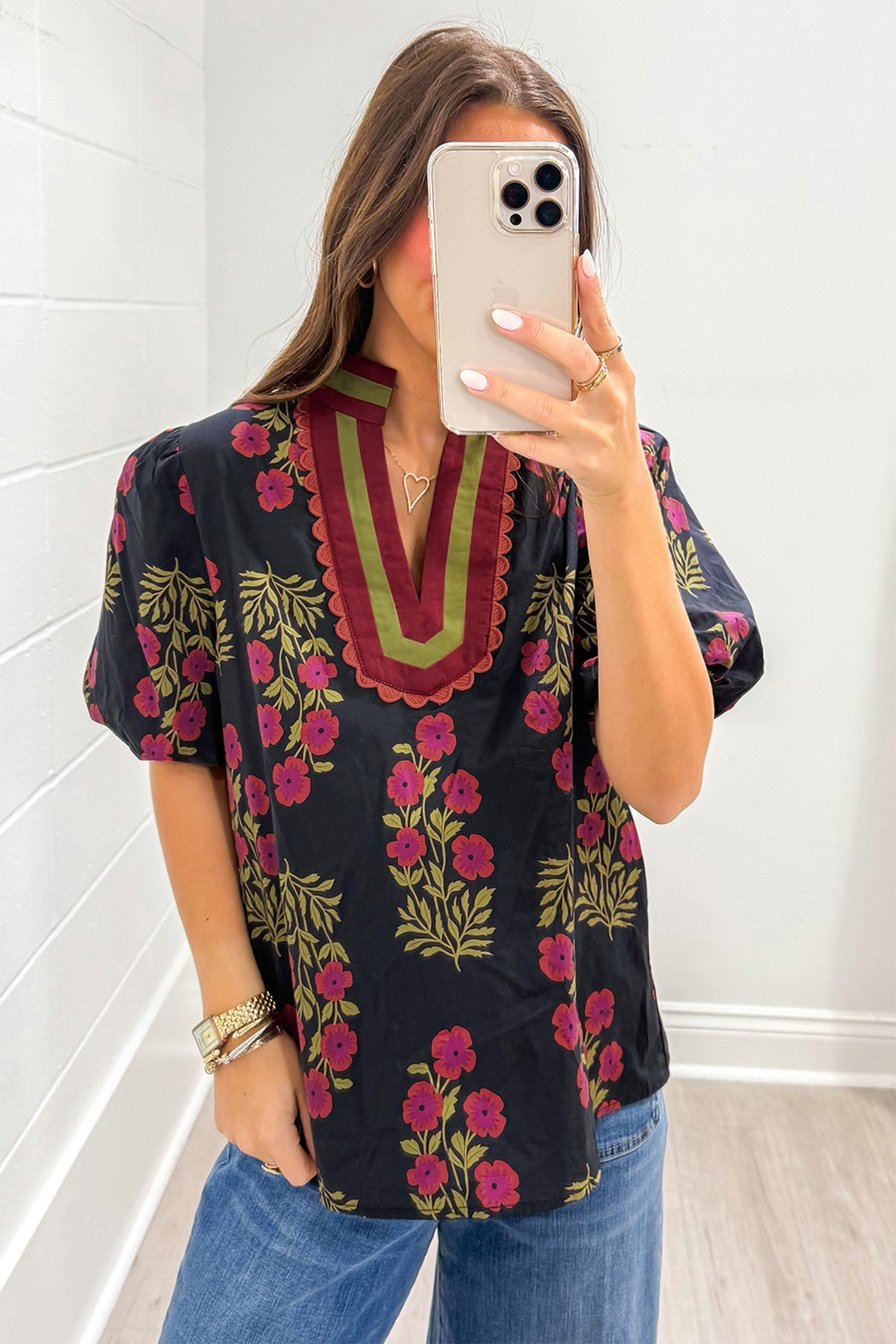 Black Floral Short Bubble Sleeve Contrast Slit Neckline Blouse f888fa8605b87e86
