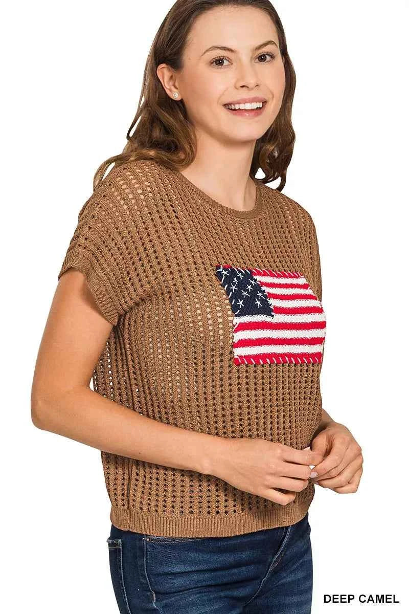 Zenana Viscose American Flag Openwork Knit Top f88a7d64ca8744c7b8cc96a3f9ded2d3-Max-Origin