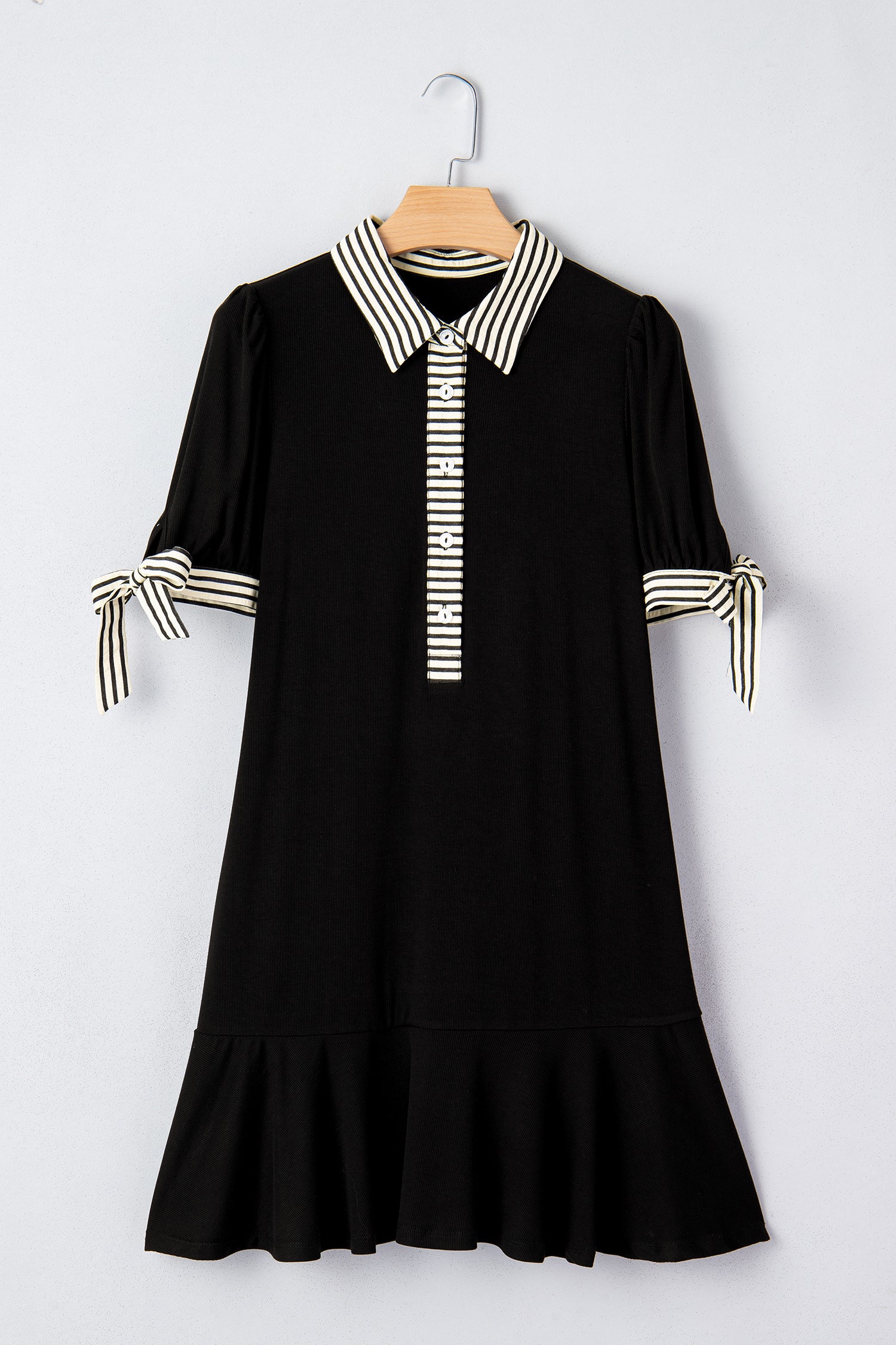 Black Stripe Detail Polo Collar Half Buttons Tied Short Sleeve Shift Mini Dress f88c8bb42b469fc6