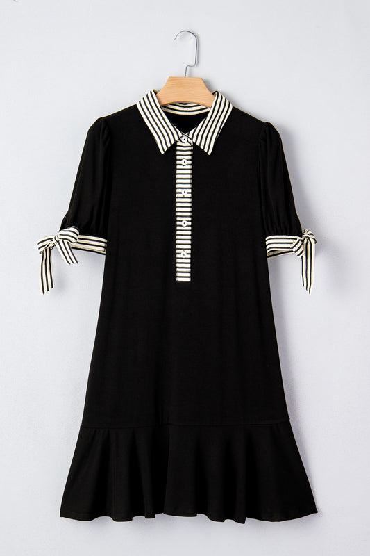 Black Stripe Detail Polo Collar Half Buttons Tied Short Sleeve Shift Mini Dress f88c8bb42b469fc6