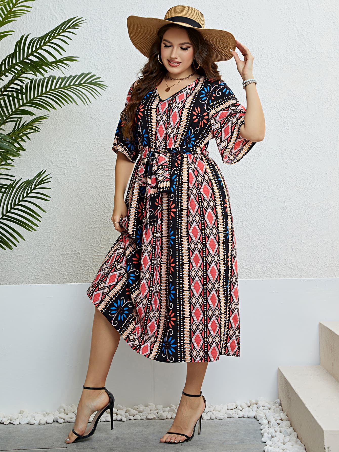 Honey Plus Size Bohemian V-Neck Tie Belt Midi Dress f8926036b51846f8972fed5b5df15f48-Max