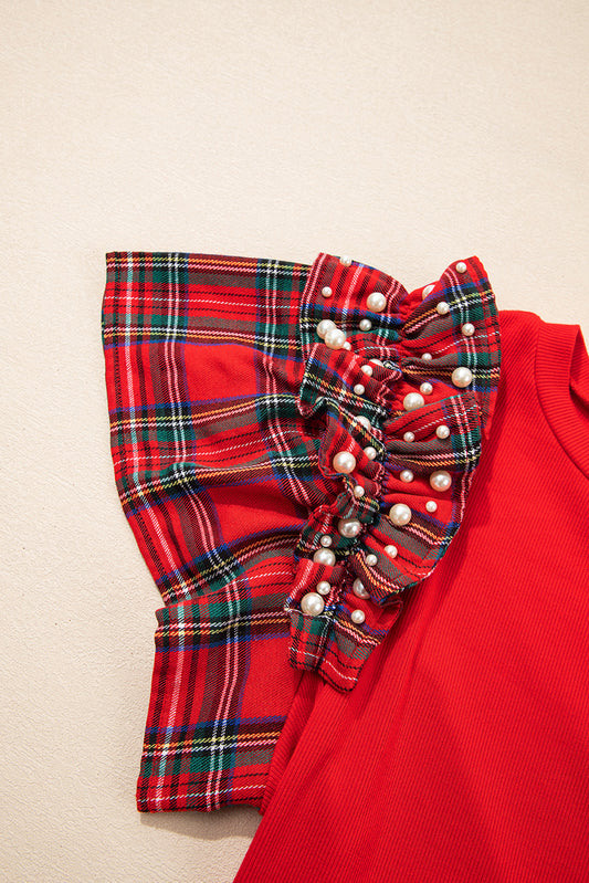 Racing Red MERRY Letter Terry Flocking Pearled Plaid Ruffled Sleeve Patchwork Tee Racing Red 93%Viscose+7%Elastane f8996dd71dd48acc