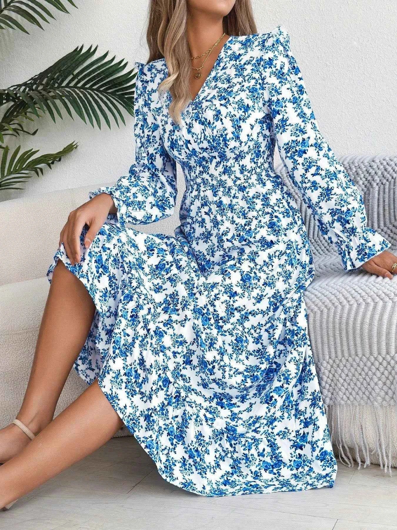 Ruffled Floral V-Neck Flounce Sleeve Dress Blue f89bee74-ba9b-4593-85da-f55e20d0e884-Max-Origin