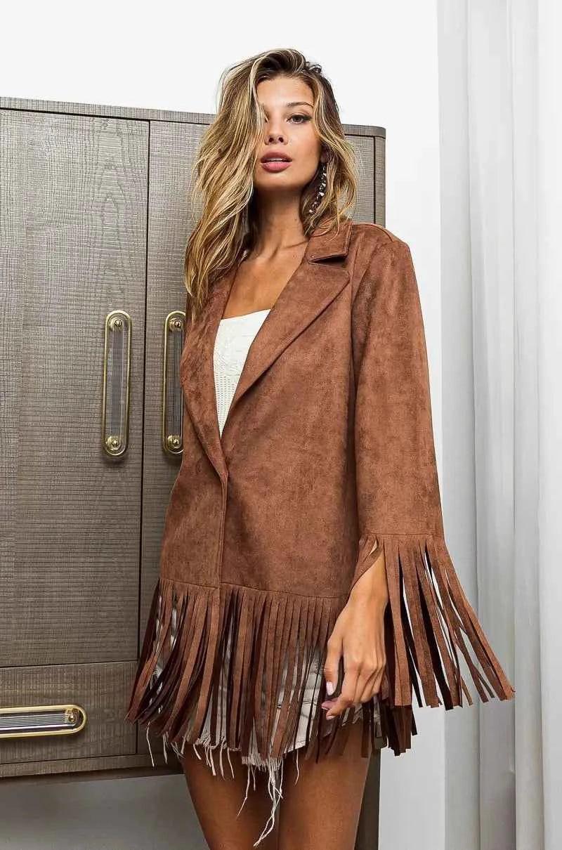 BiBi Suede Single Blazer with Fringed Hem f89ea2d4a7644f789f0e32f760be51b1-Max-Origin