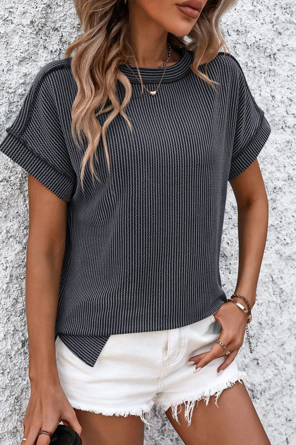Mandy Striped Round Neck Short Sleeve T-Shirt f89eb9cb-3f36-42e8-a32f-fb8a21bb744e-Max