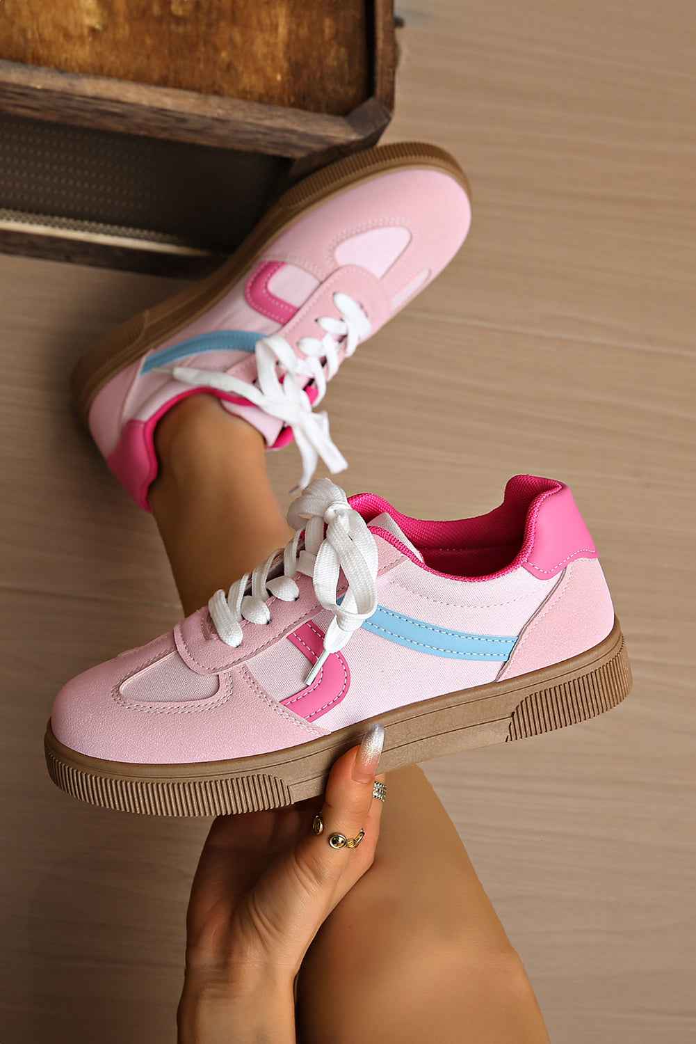 Rose Red Color Block Lace Up Sneakers Rose Red 100%Polyester+100%TPR f8a3d448a59bece6