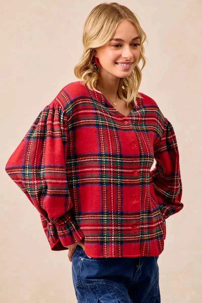 BiBi Christmas Plaid V-Neck Flounce Sleeve Jacket f8b65d41bea64be8bc510f644d30f00a-Max-Origin