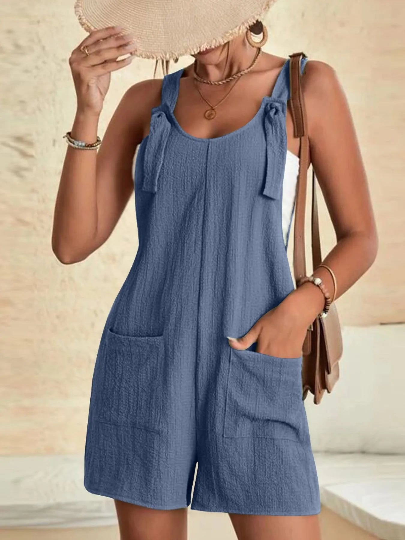 Full Size Knot Strap Romper with Pockets Plus Size Dusty Blue f8be0f03-1f4d-468b-bc15-904788c633b5-Max-Origin