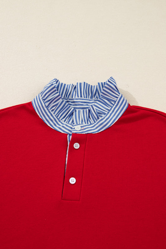 Racing Red Striped Collar Knot Sleeve Sweatshirt and Shorts Set f8be266227ab7c5d