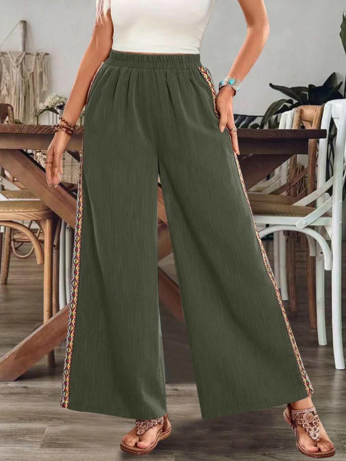 Bohemian Wide Leg Embroidered Side Stripe Pants Army Green f8c32ac8700c4ba1bf65b0f1c9d11377-Max-Origin