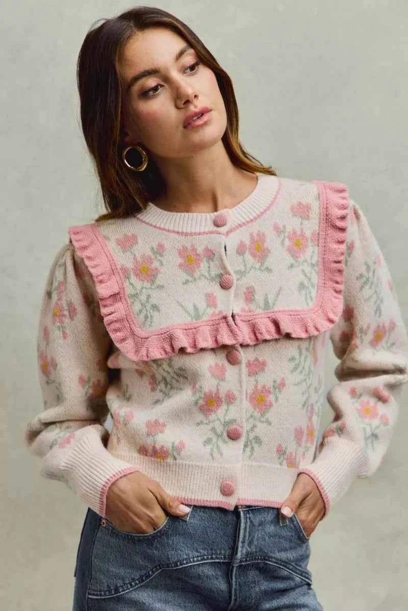 SO ME Flower With Ruffle Detailing Sweater Cardigan f8c34fa4e43f450a9d76b36065480f3d-Max-Origin