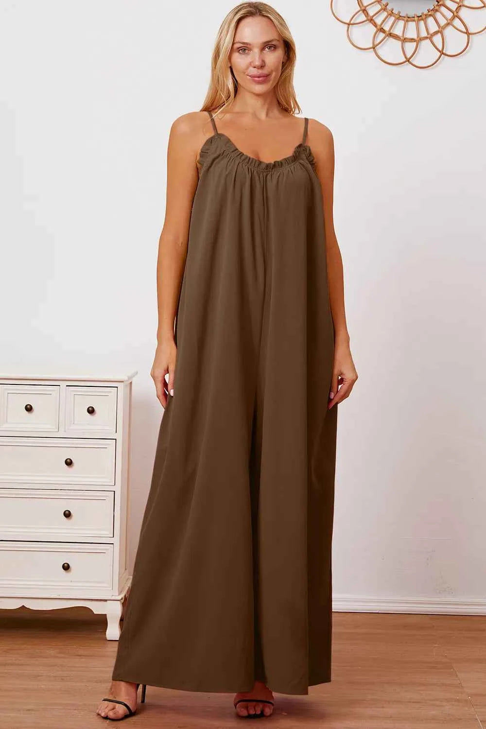 Double Take Full Size Ruffle Trim Tie Back Cami Jumpsuit with Pockets Mocha f8c7c2c9-c473-4592-85a9-2de13ebb3c19-Max