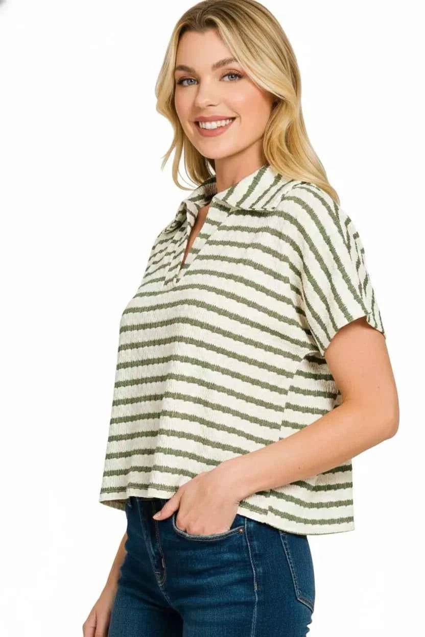 Zenana Striped Split Neck Collared Top f8c8a625-79bf-4212-ba60-a70c58ad54a6-Max-Origin