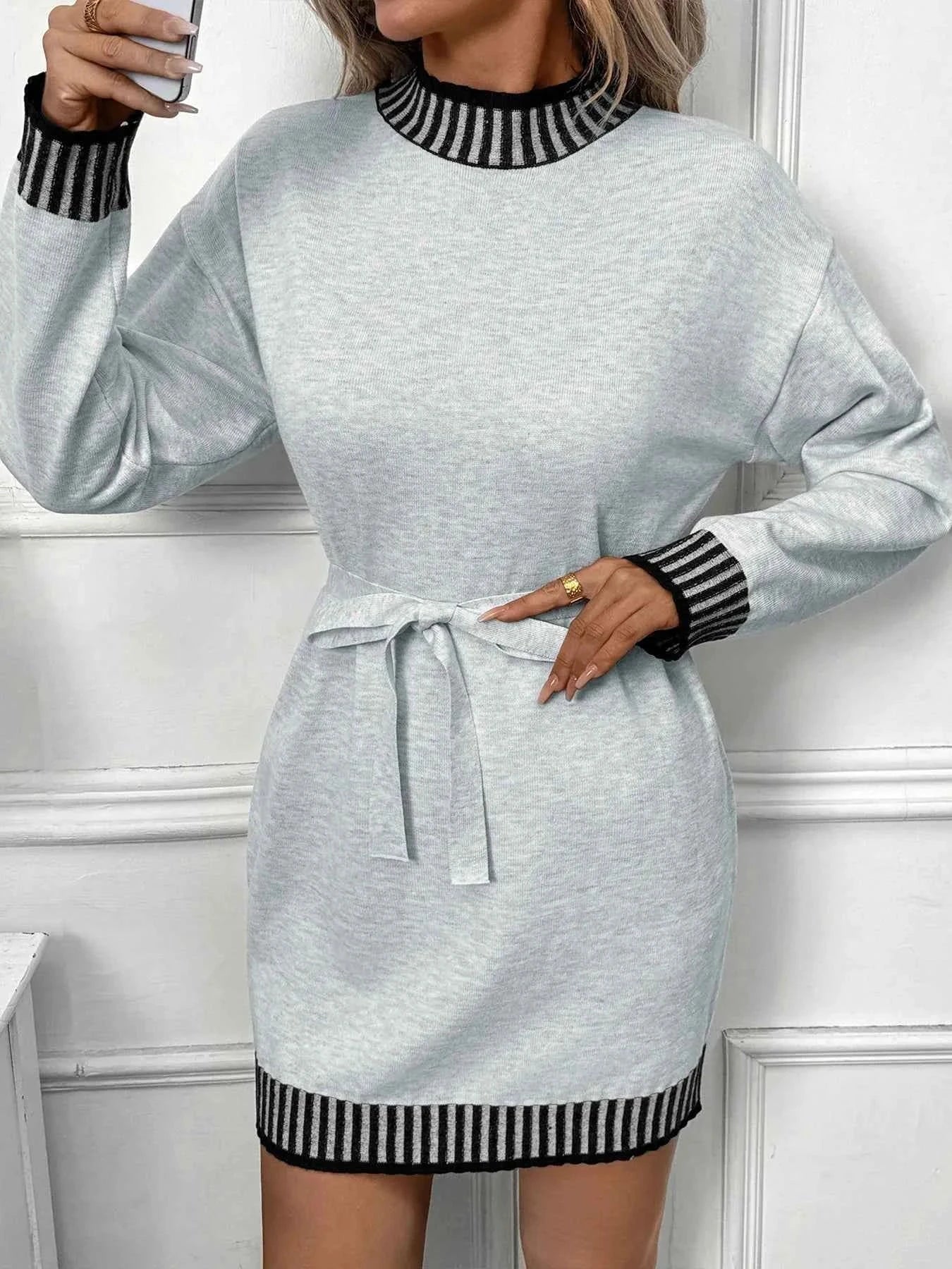Striped Trim Tie Waist Sweater Dress Light Gray f8c9acb0-7ec6-4847-8a52-399d8243bc89-Max-Origin