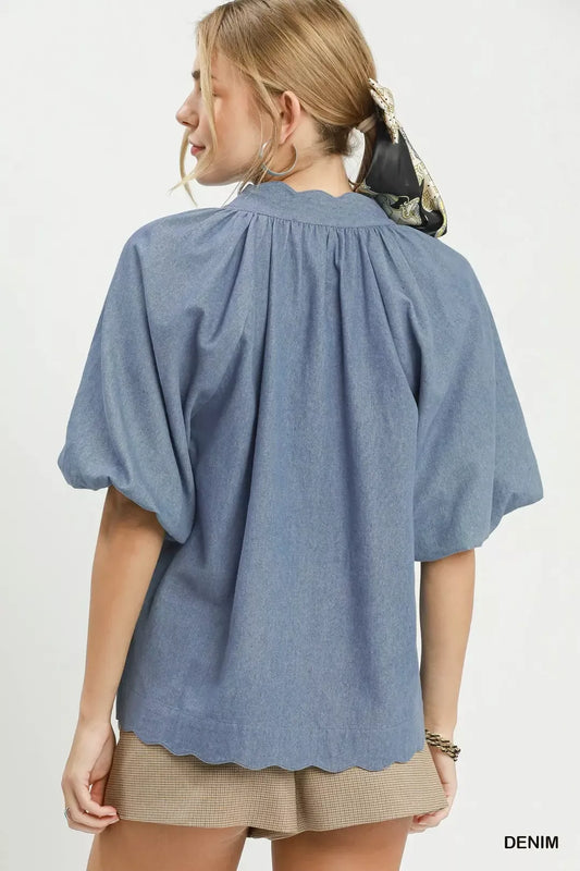 Chambray Scallop Hem Puff Sleeve Top f8ca434e-41f1-41e9-be26-97d69ff8603d-Max-Origin