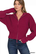 Zenana Ribbed Collared Zip Up Sweater Cardigan CABERNET f8cf41e9b62f448bb075bc02c170570c-Max-Origin