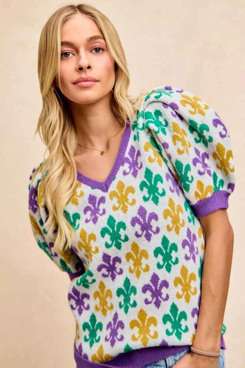 BiBi Mardi Gras Fleur De Lis Patterned V Neck Knit Top f8d0de435dbb43768b0a920af76f7009-Max-Origin