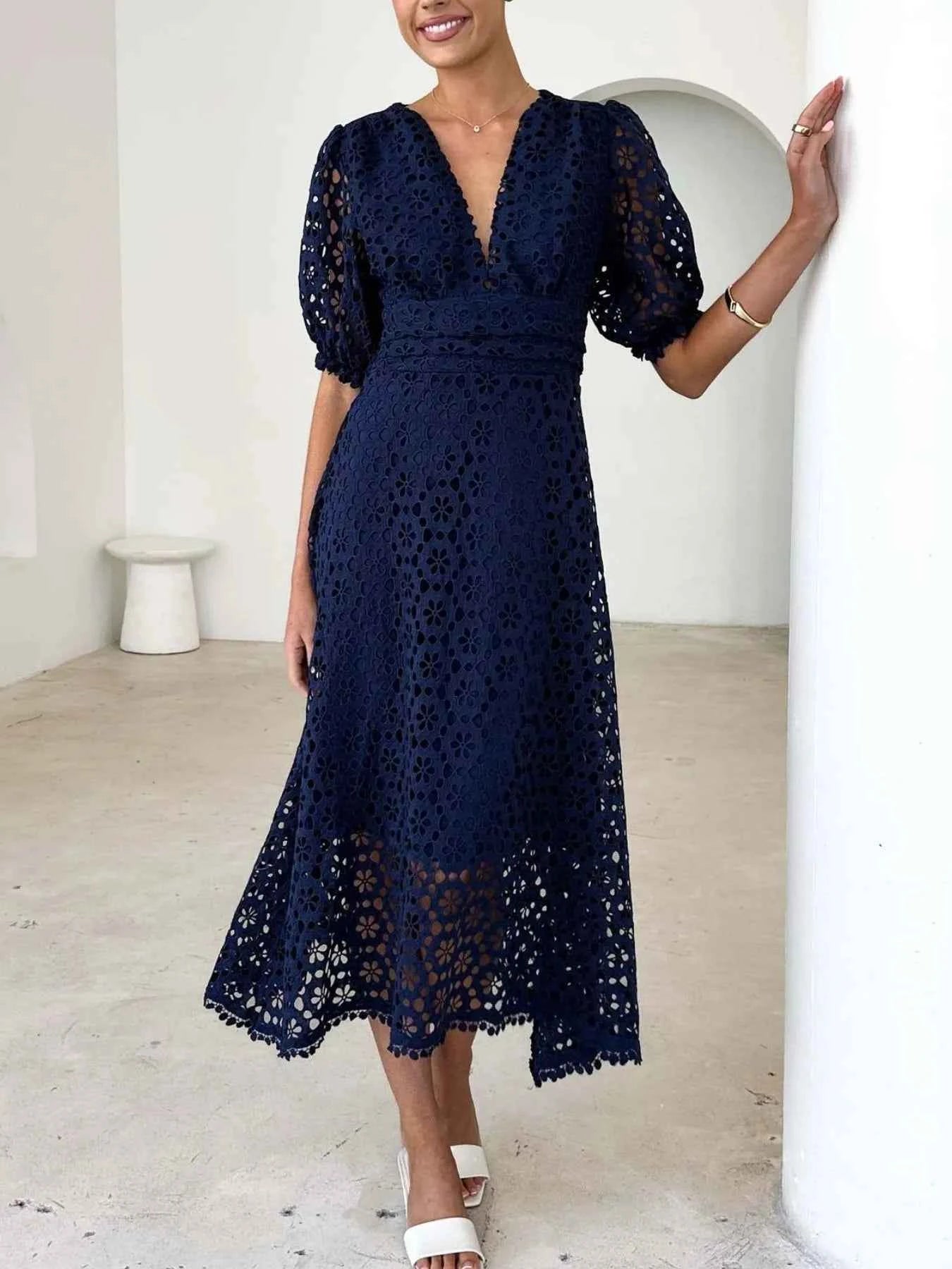 Eyelet Lace V-Neck Midi Dress with Puff Sleeves Navy Blue f8d1708e-040b-48cd-95e8-2328555ced71-Max-Origin