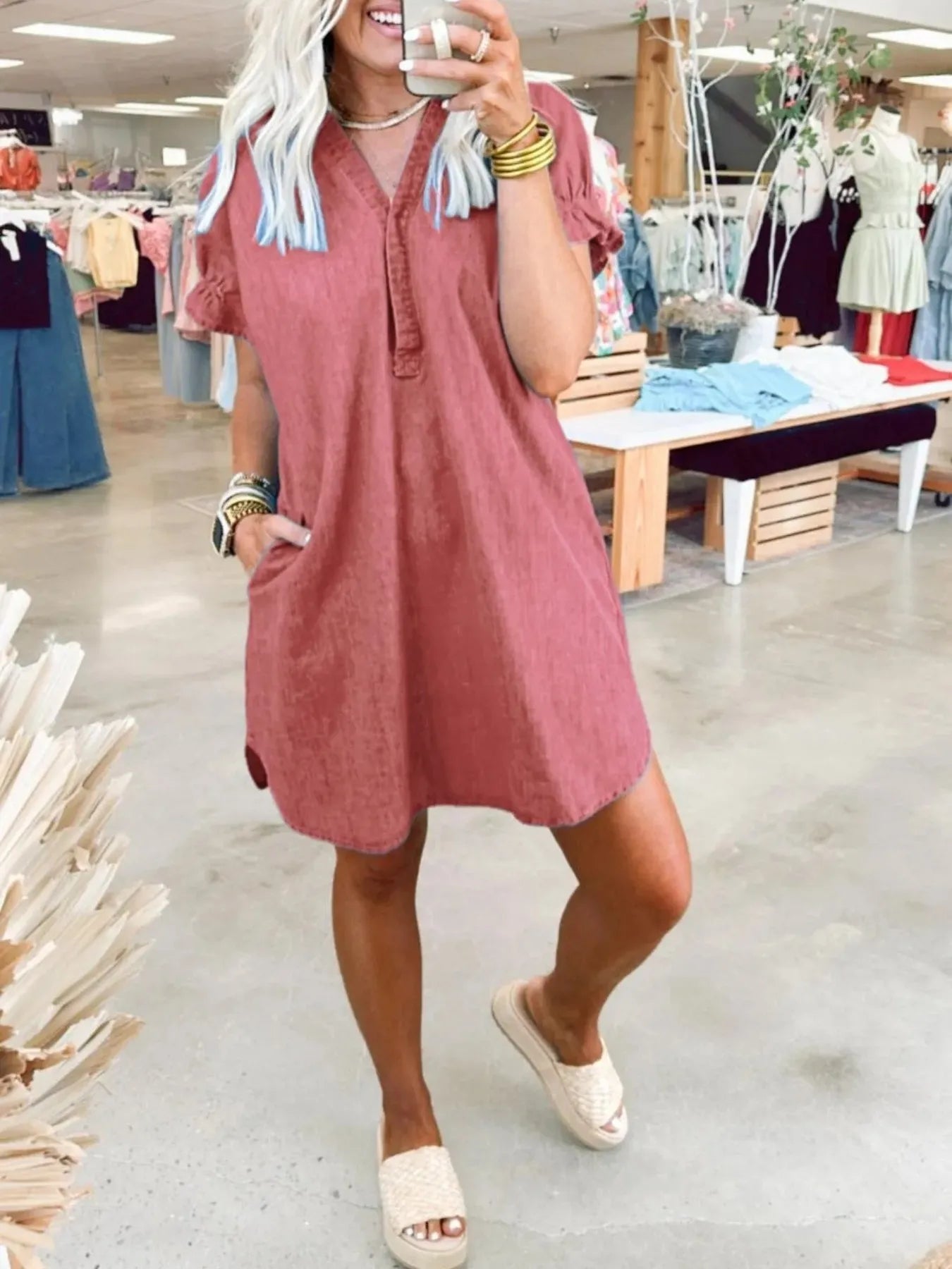 Full Size V-Neck Short Sleeve Denim Dress Plus Size Rust Red f8d1980e82dd4d1f9a5c7d3f0fcedeb4-Max-Origin