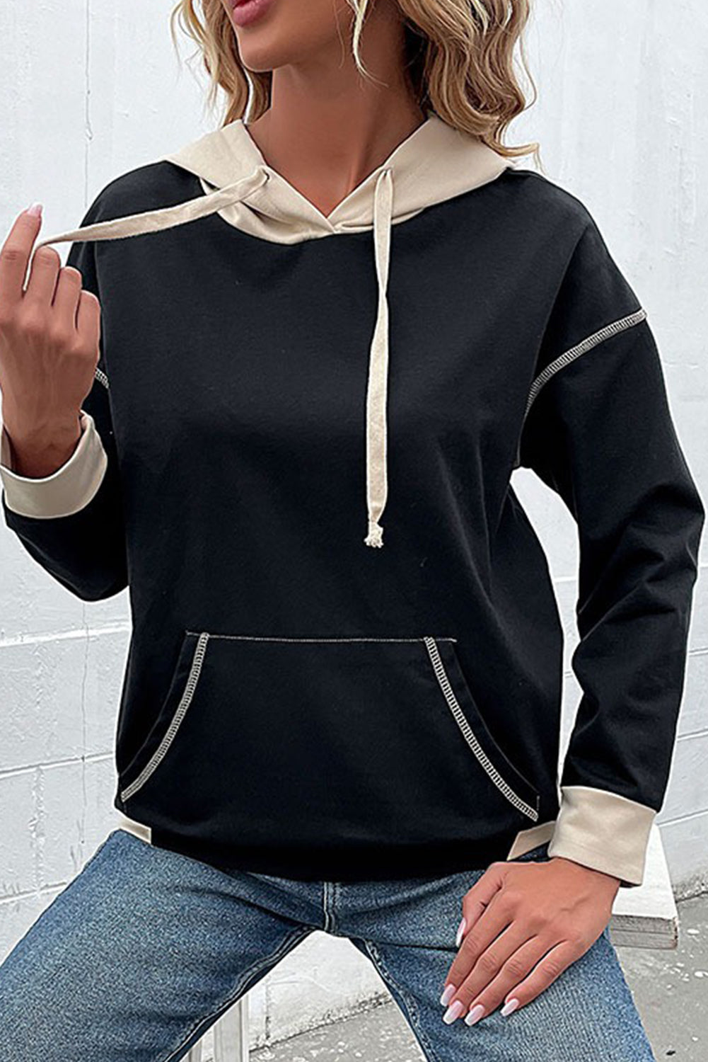 Black Contrast Trim Kangaroo Pocket Hoodie f8d266d16d1fd178