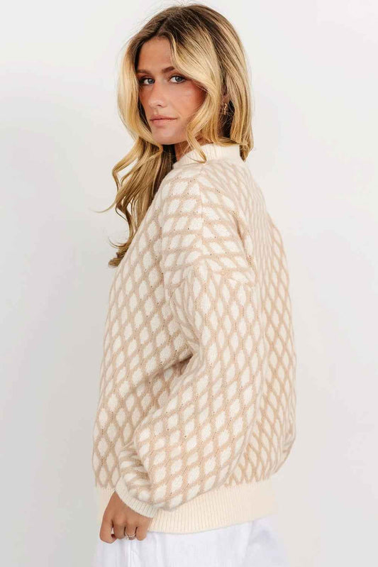 Oatmeal Rhombus Textured Knit Drop Sleeve Sweater f8d45c82b0be5036