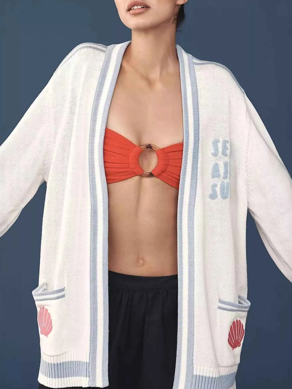 Seashell Embroidered Open Front Cardigan Gray white f8d47e32-6aba-43ff-942b-f01132bc3da8-Max-Origin