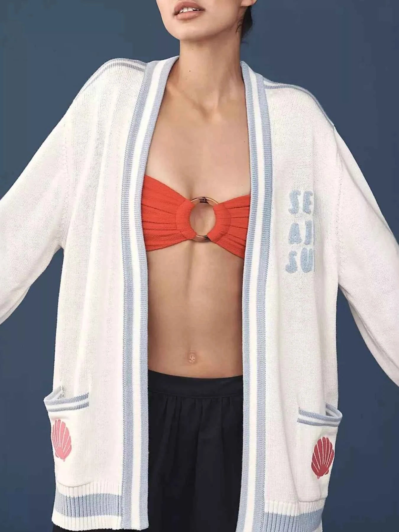 Seashell Embroidered Open Front Cardigan Gray white f8d47e32-6aba-43ff-942b-f01132bc3da8-Max-Origin